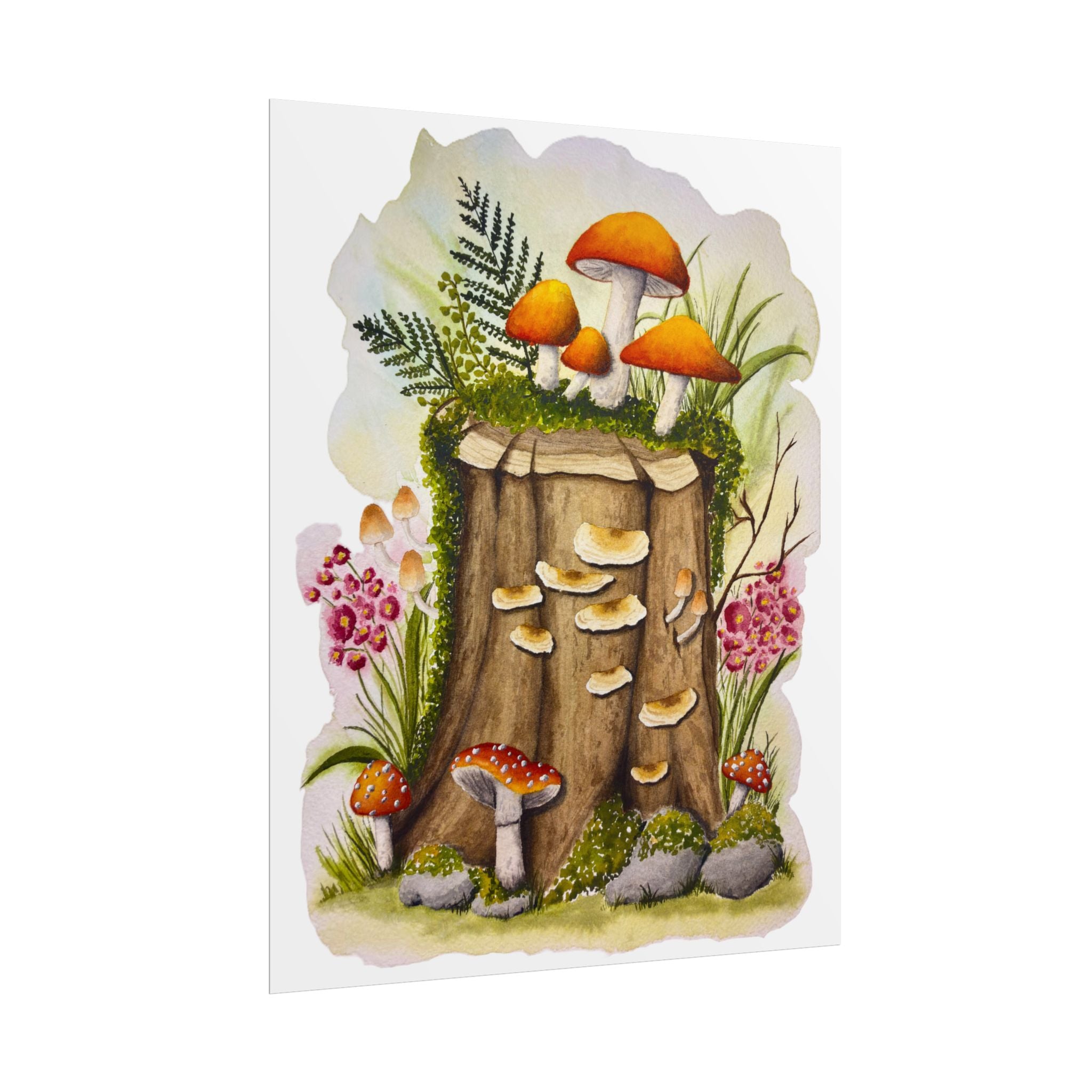 Mushroom Forest Stump - Cottagecore watercolor print