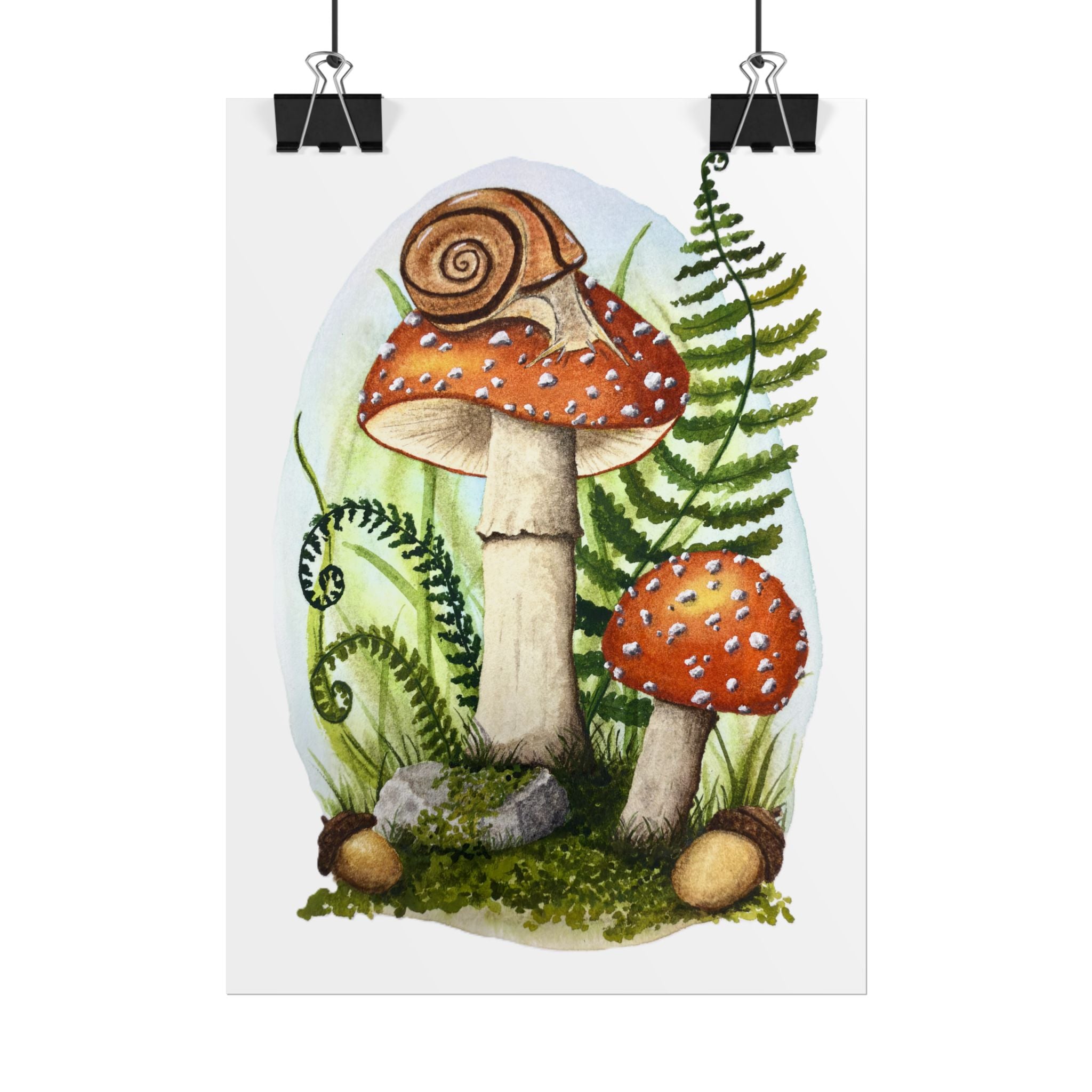 Woodland Mushrooms and Snail - Watercolor Cottagecore print