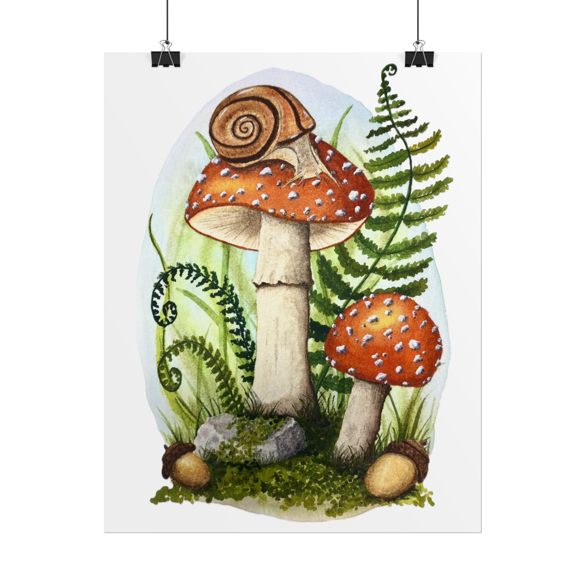 Woodland Mushrooms and Snail - Watercolor Cottagecore print