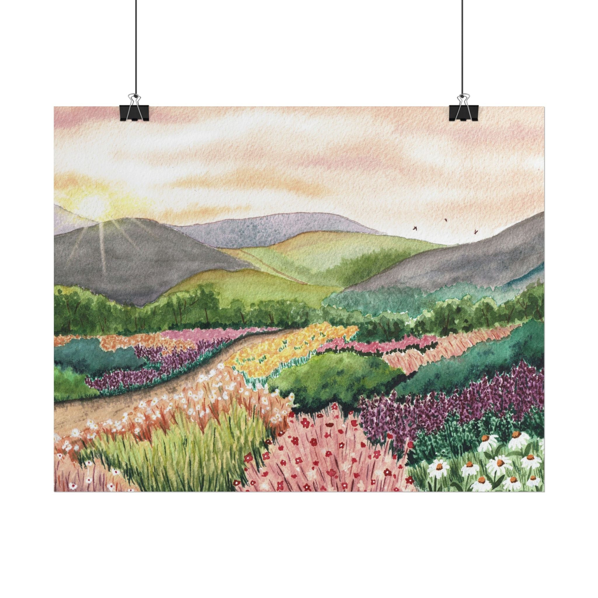 Wildflower Meadow at Sunrise - Cottagecore watercolor print