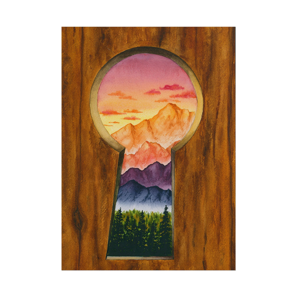 Through the Keyhole: Mountain Escape Watercolor Giclee Print