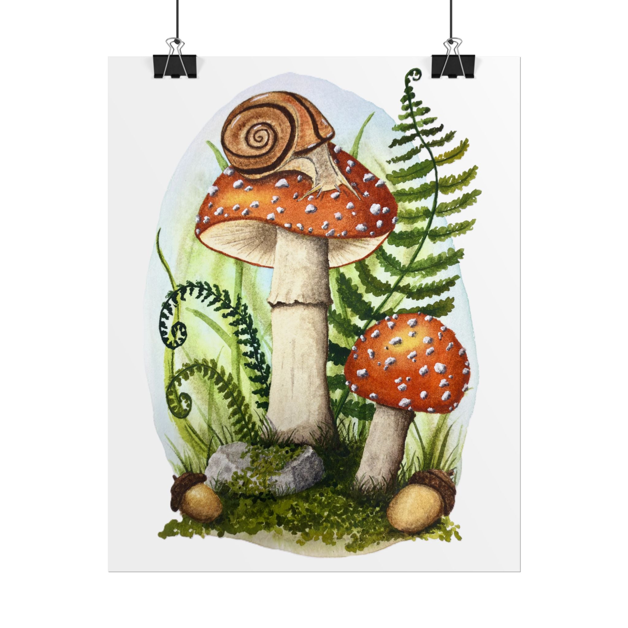Woodland Mushrooms and Snail - Watercolor Cottagecore print