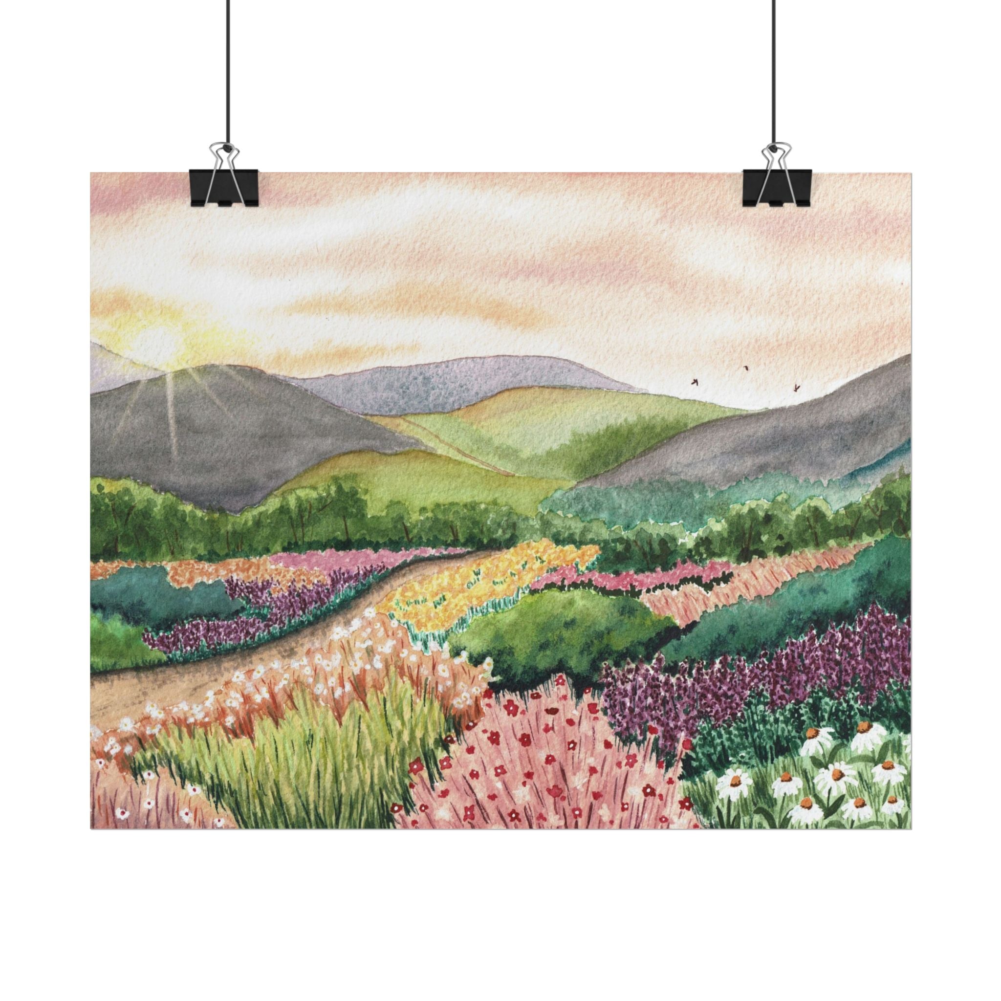 Wildflower Meadow at Sunrise - Cottagecore watercolor print