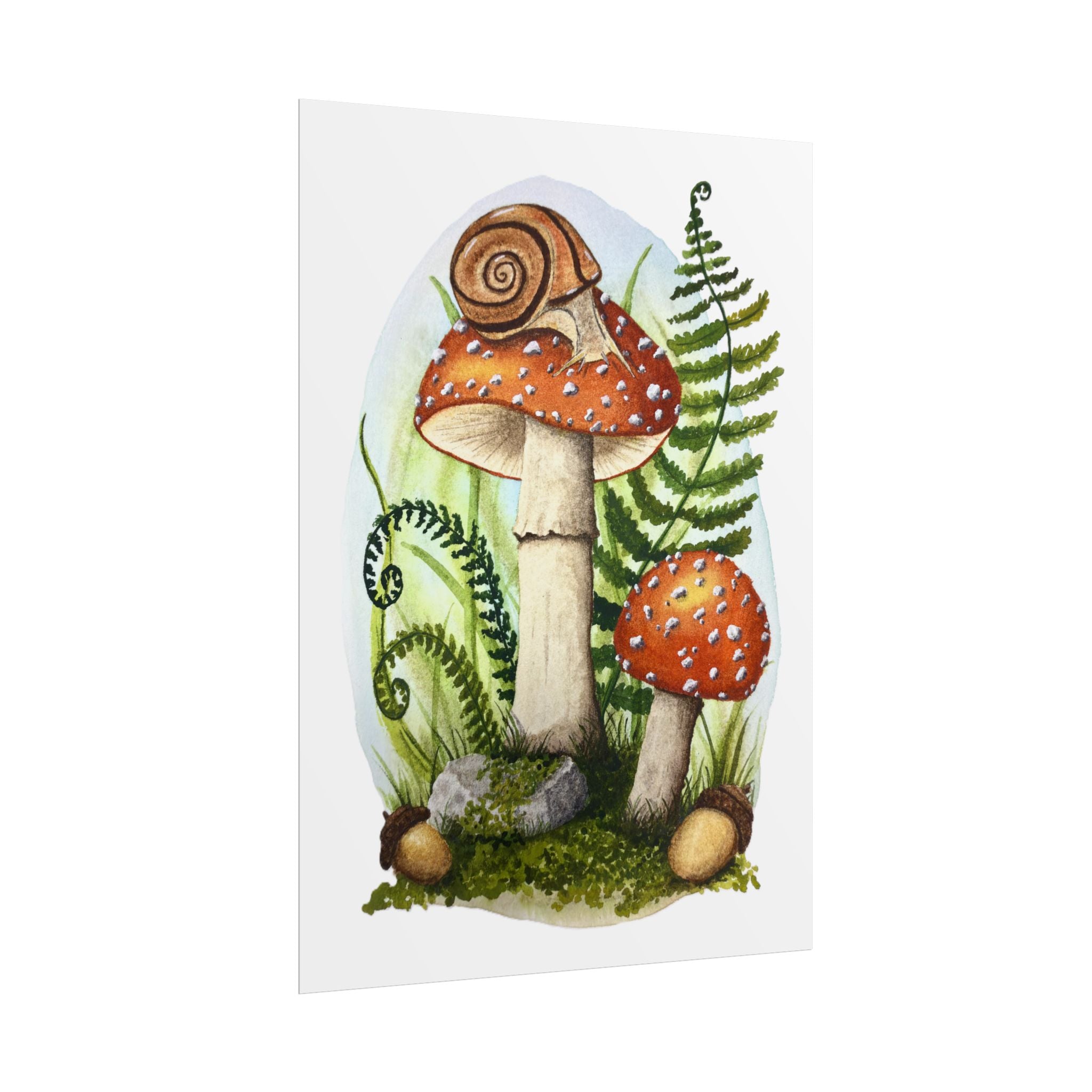 Woodland Mushrooms and Snail - Watercolor Cottagecore print