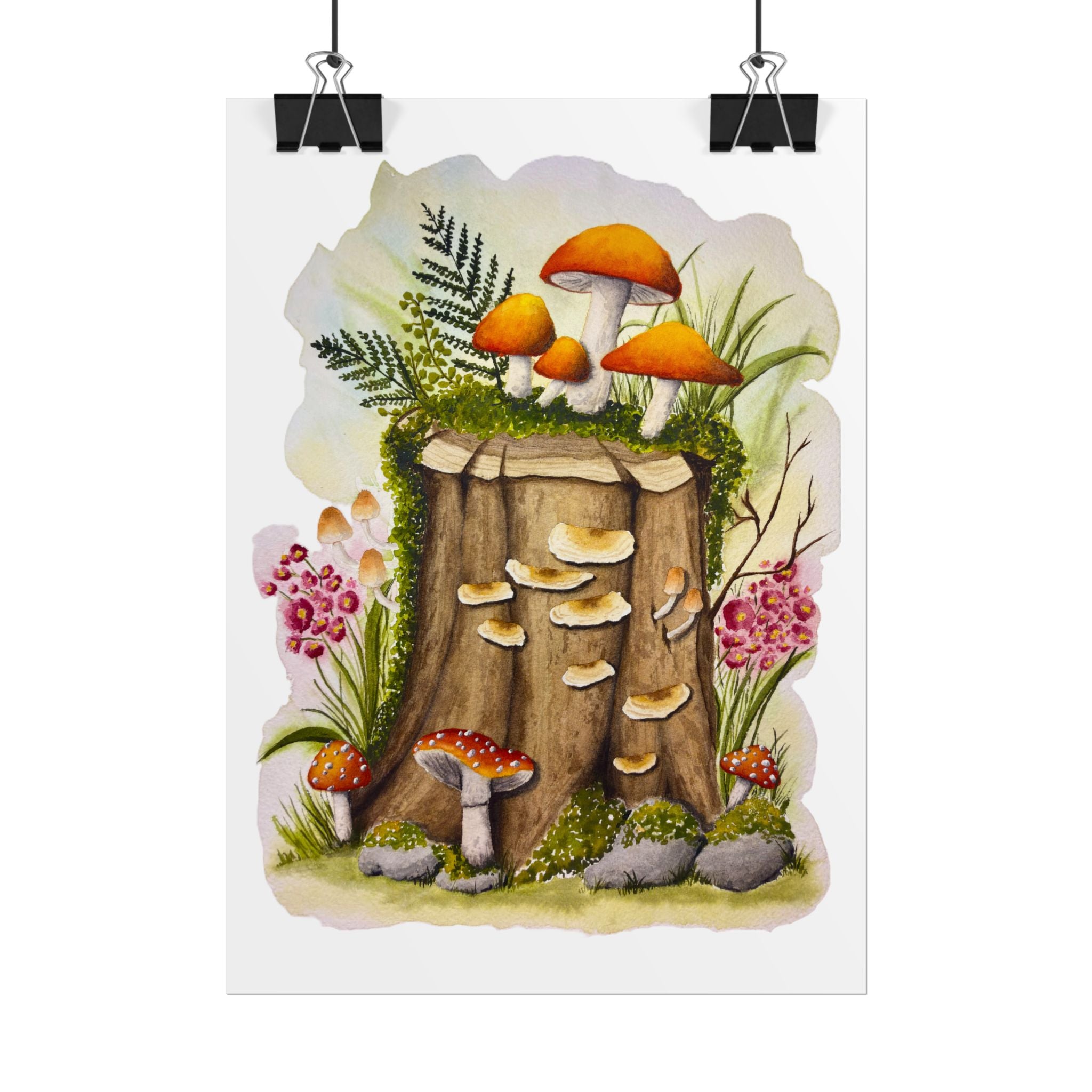 Mushroom Forest Stump - Cottagecore watercolor print