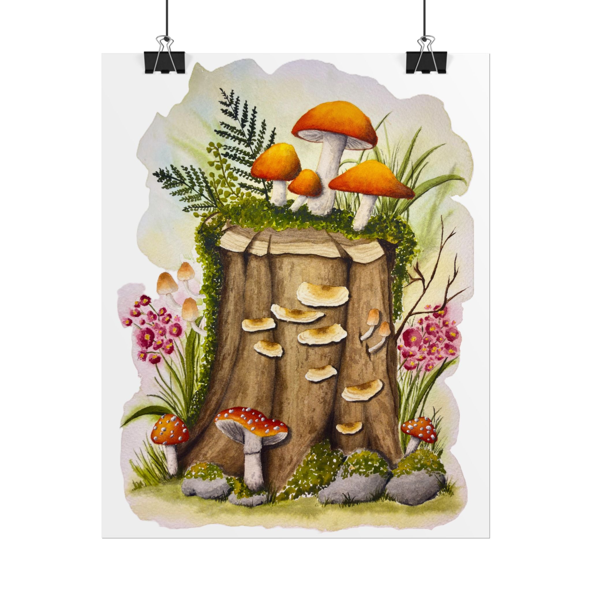 Mushroom Forest Stump - Cottagecore watercolor print