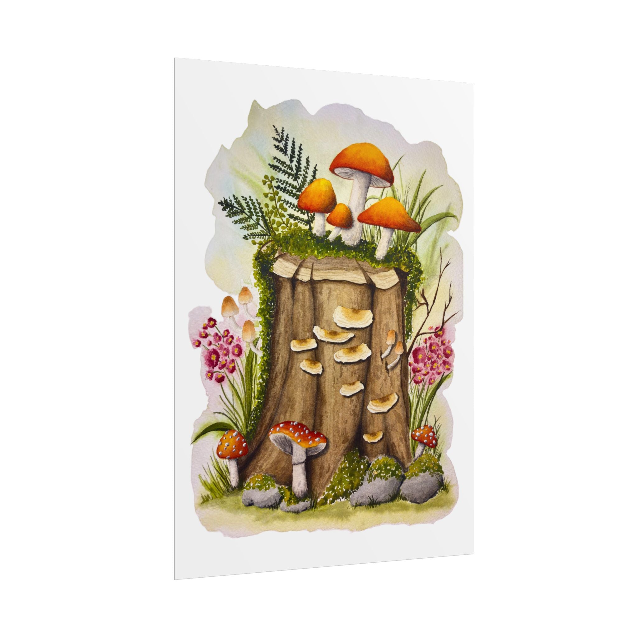 Mushroom Forest Stump - Cottagecore watercolor print