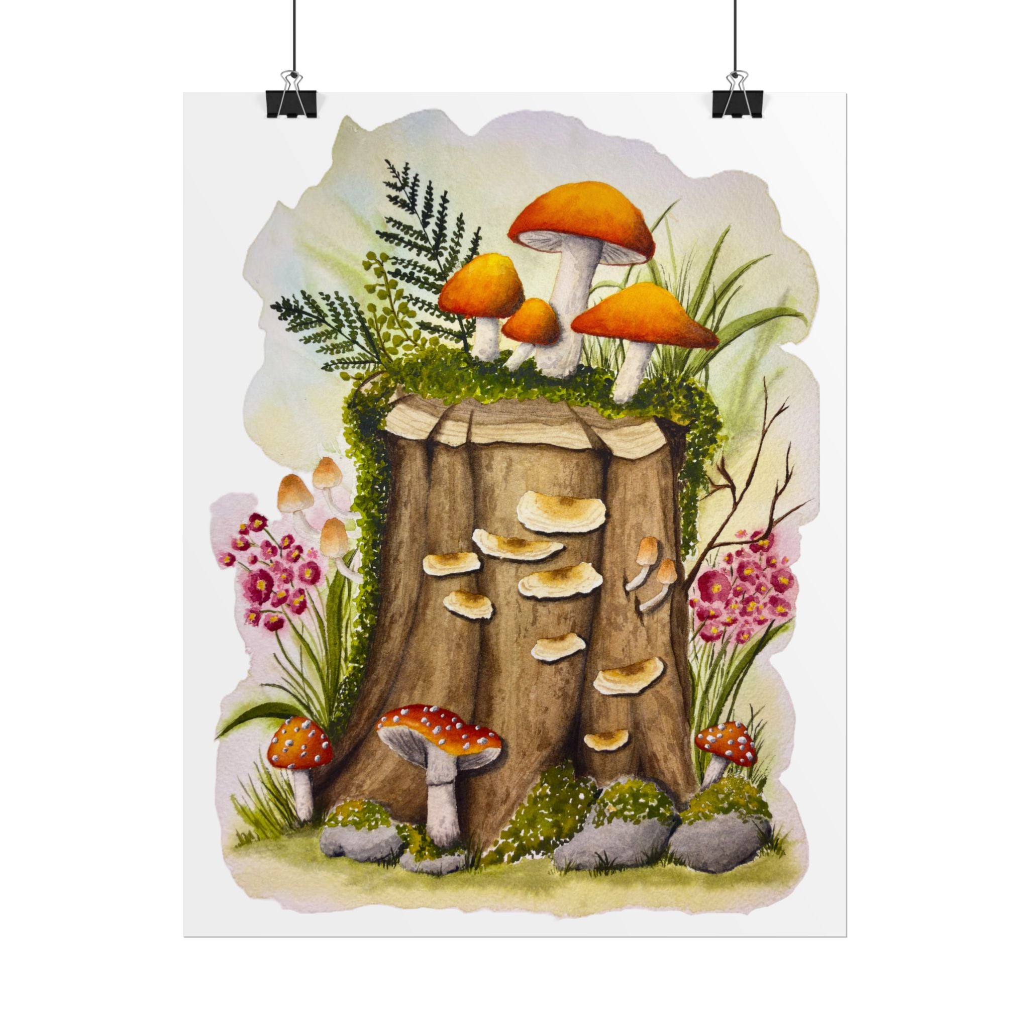 Mushroom Forest Stump - Cottagecore watercolor print