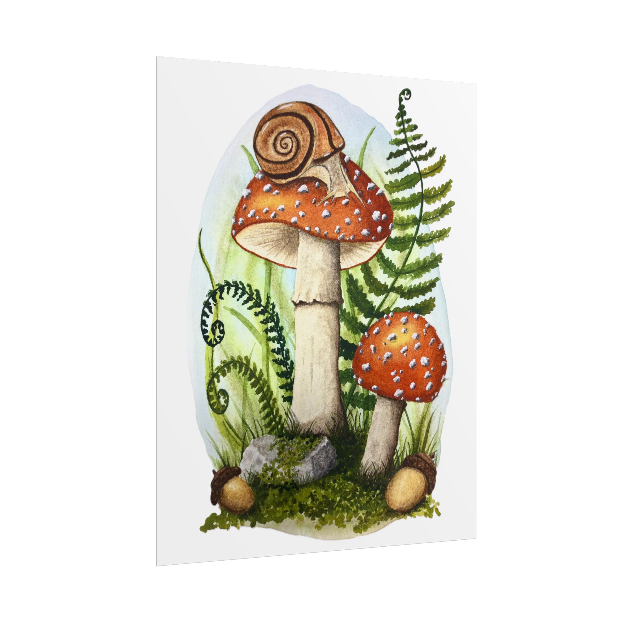 Woodland Mushrooms and Snail - Watercolor Cottagecore print