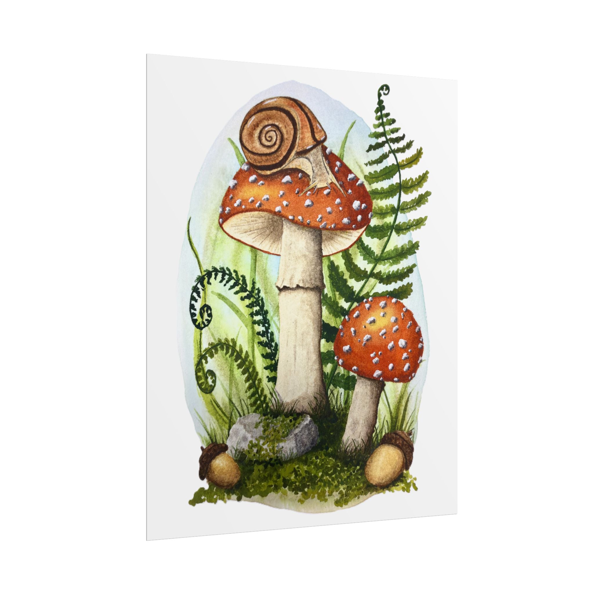 Woodland Mushrooms and Snail - Watercolor Cottagecore print