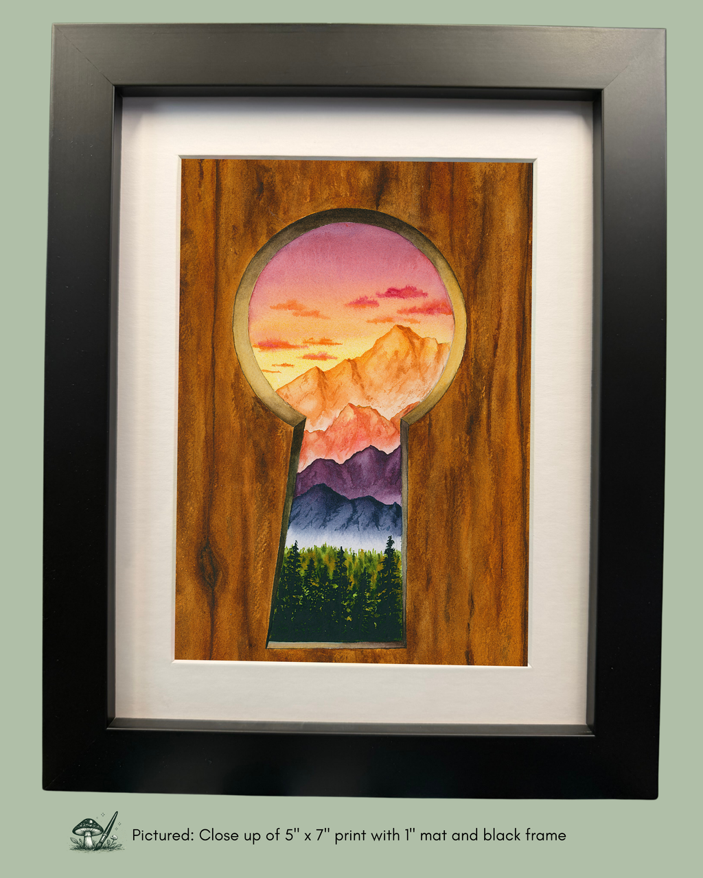 Through the Keyhole: Mountain Escape Watercolor Framed Print