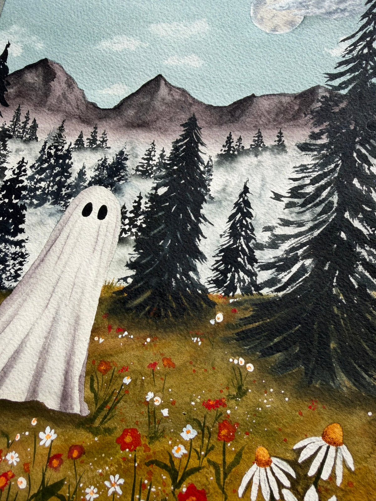 Ghost in the Wildflowers Watercolor Original Artwork 8x10"