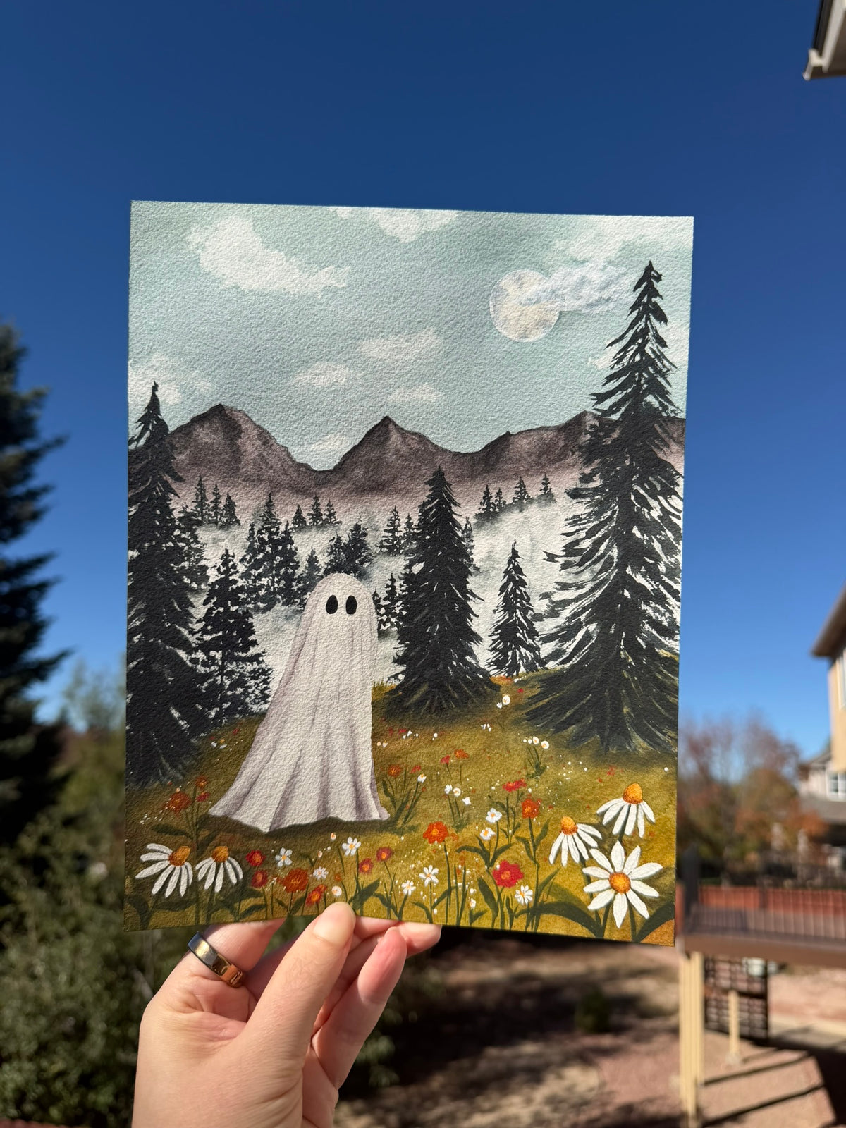 Ghost in the Wildflowers Watercolor Original Artwork 8x10"