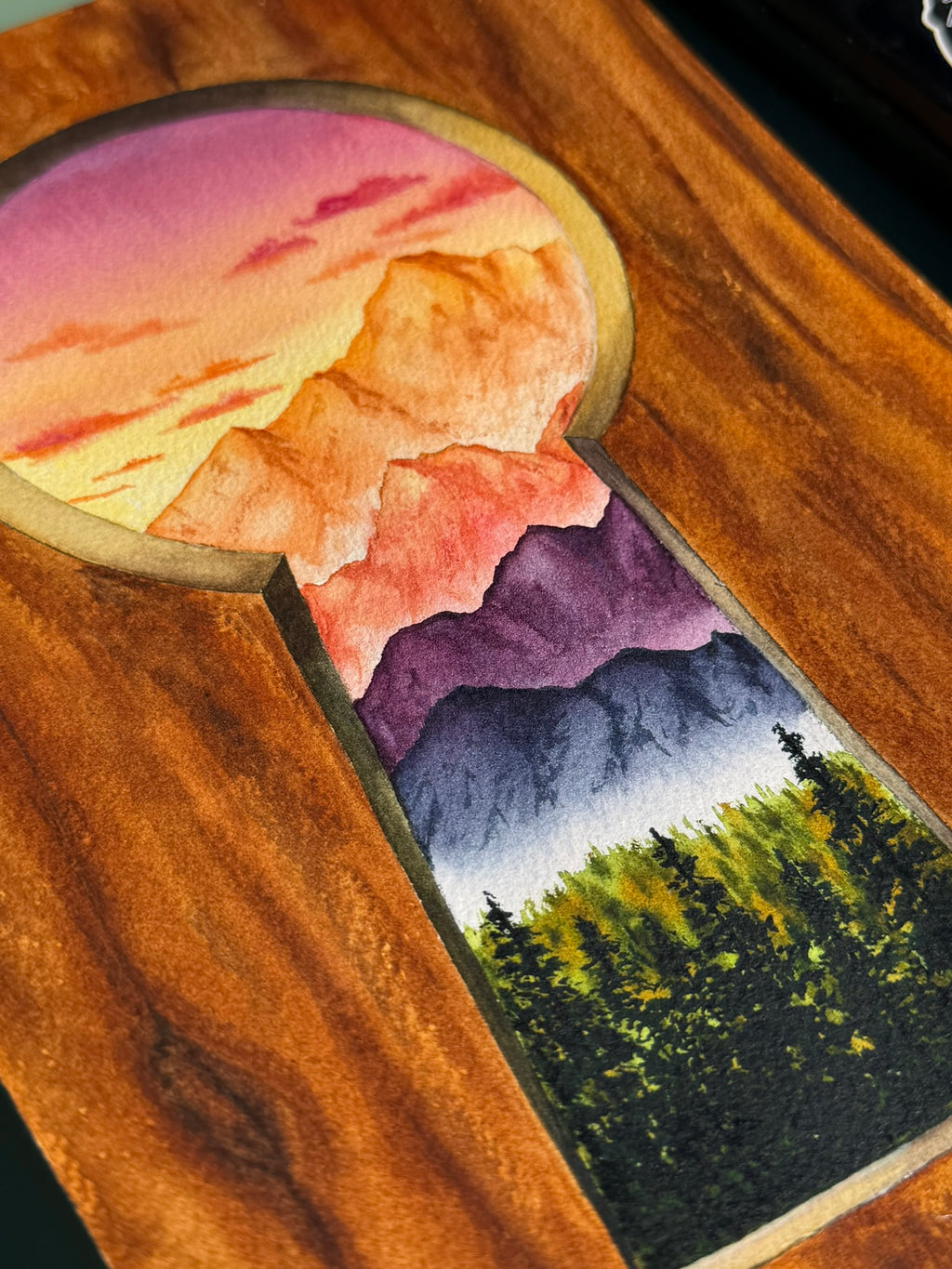 Through the Keyhole: Mountain Escape Watercolor Original Artwork 7x10"