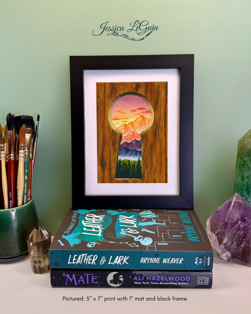 Through the Keyhole: Mountain Escape Watercolor Framed Print