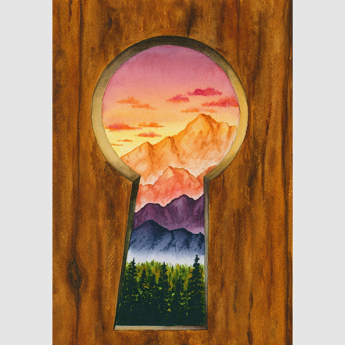 Through the Keyhole: Mountain Escape Watercolor Framed Print